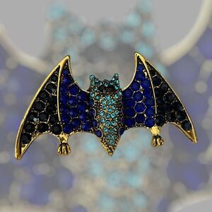 Stunning Elegant Halloween Bat Pin  - Sparkling Rhinestone Brooch BLUE/GOLD
